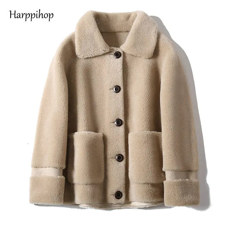Женское зимнее пальто из натуральной овечьей шерсти с отложным воротником, зимняя теплая куртка для стрижки овец, верхняя одежда - Цвет: khaki