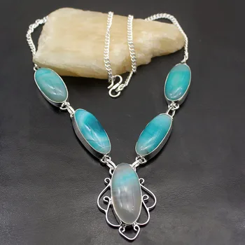 

Hermosa Jewelry Green BotswanaAgate Chain Necklace 925 Sterling Silver Color Women Jewelry 20 Inch H127