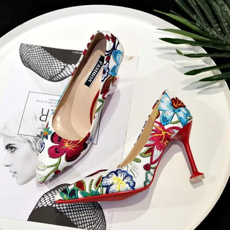 Разноцветные женские туфли на высоком каблуке с цветочным принтом, женские туфли-лодочки на шпильках без застежек с острым носком для