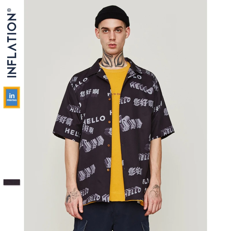 

INFLATION Zhongwen Chinese Printed Funny Casual Shirt Hight Street Loose Fit Hawaiian Shirt Hello Print 2019 Couple Shirts 9222S