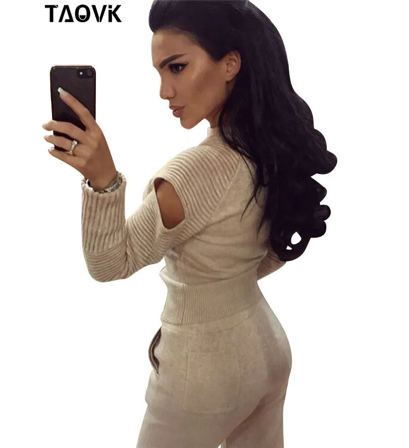 

TAOVK Stylish Soft knit set warm womens knittwear open shoulder sleeves sweater loose pant suit 2 piece outfits for women 2019