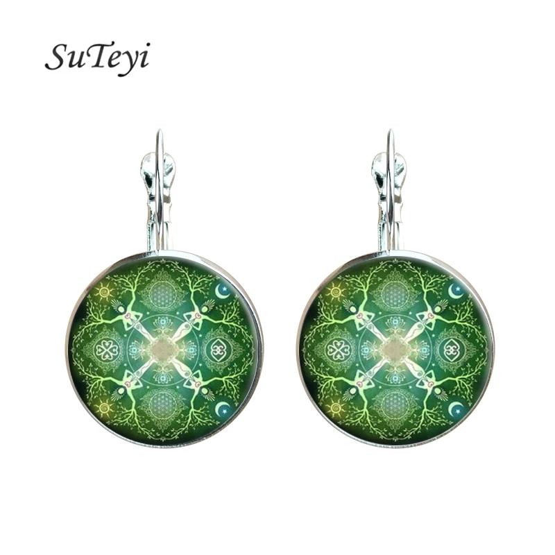 

SUTEYI 2017 Fashion Glass Cabochon Earrings OM Symbol Buddhist Zen Color Silver Earring Jewelry Bijoux Femme Brincos For Women