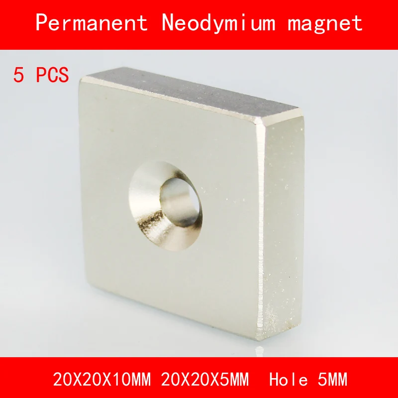 

5PCS square block magnet 20*20*10MM 20*20*5MM hole 5MM n35 Rare Earth strong Permanent NdFeB Neodymium Magnet