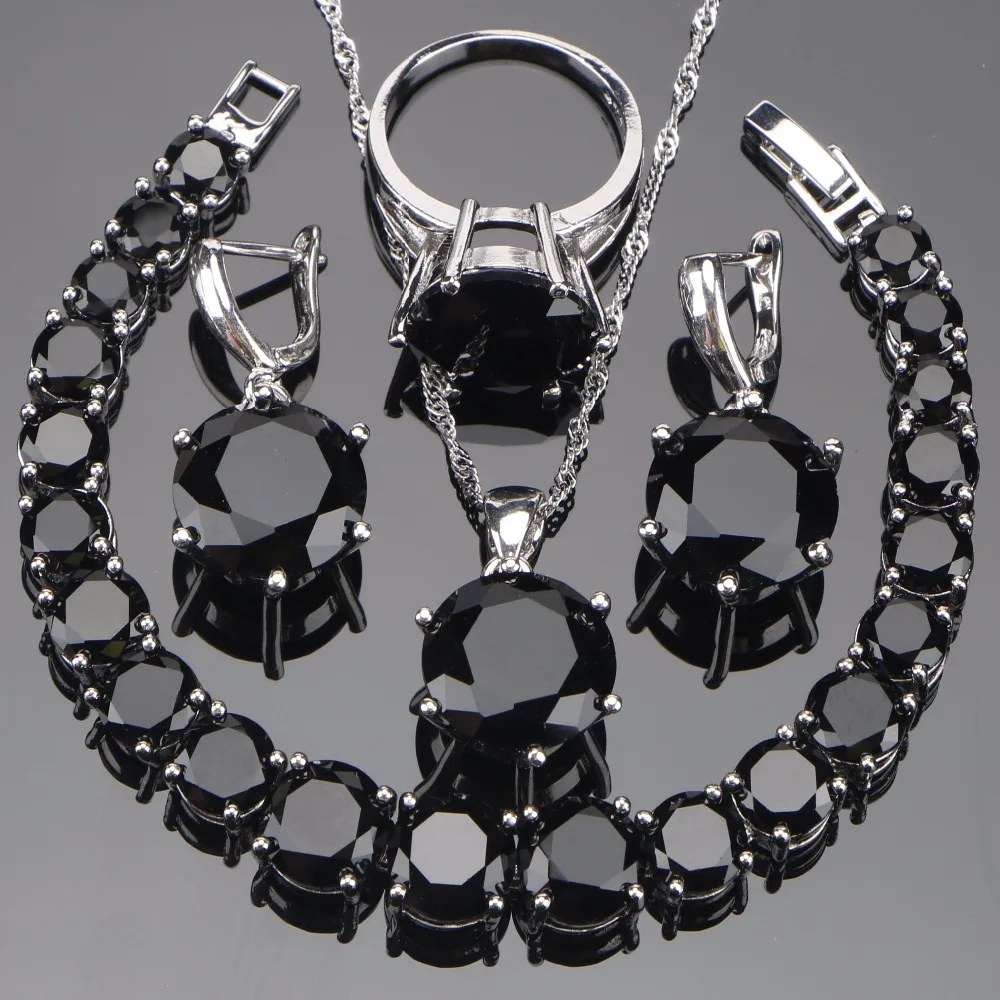 925 Sterling Silver Wedding Bridal Jewelry Sets Black Zirconia Earrings For Women Necklace