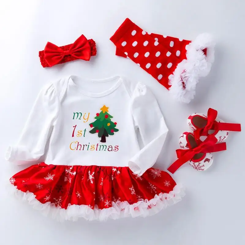 

Christmas Tree Prints Romper Outfits Infant Clothing Sets Romper Tutu Dress+Headband+Leg Warmer+Shoes 4pcs Baby Girl Clothes