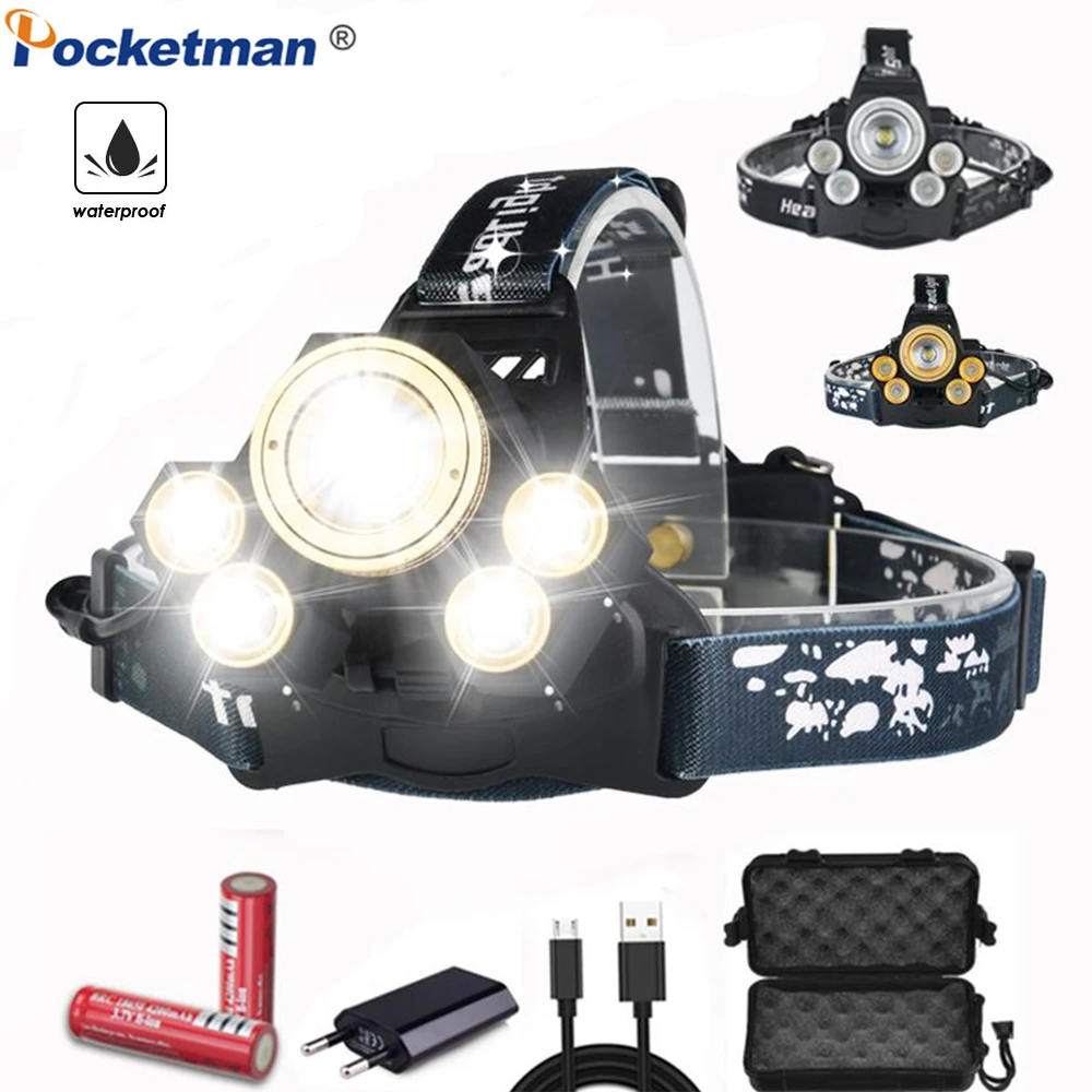 

50000LM LED headlamp T6+4*XPE LED Headlight Yellow&Blue Lights Head Lamp Light Flashlight Torch Lanterna with Batteries Charger