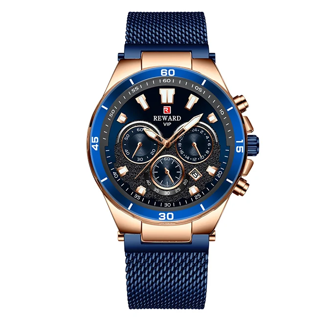 Мужские деловые наручные часы, роскошный бренд, награда, мужской полностью стальной ремень, 24 часа, часы с датой, кварцевые часы, водонепроницаемые - Цвет: Rose-Blue