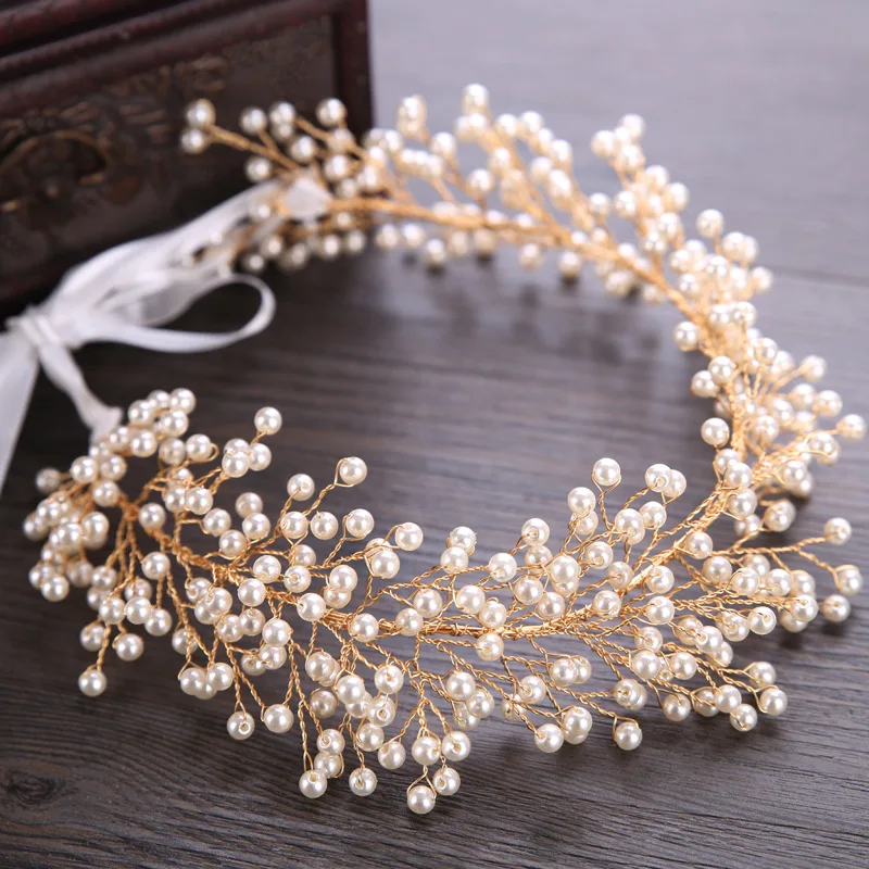 Romantic Gold Soft Copper Line Handmade Imitate Pearl Headbands Wedding