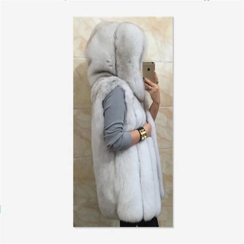 Меховой жилет с капюшоном BINYUXD женский из искусственного лисьего меха полосатый
