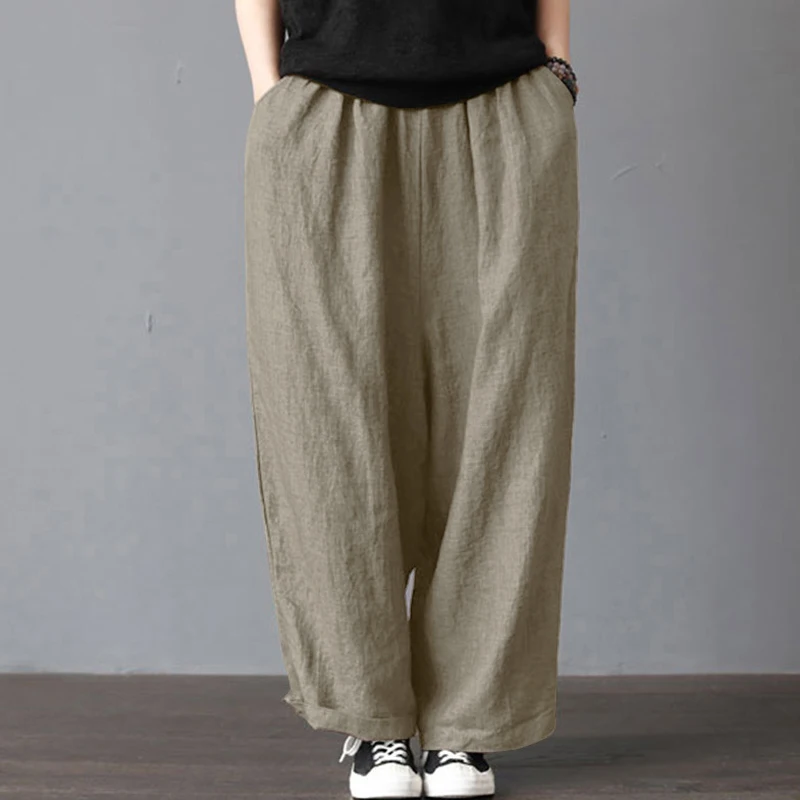 S-5XL Women Fashion Loose Long Pants Cotton Linen Solid Wide Leg Pants With Pockets Ladies Casual Summer Autumn Baggy Trousers