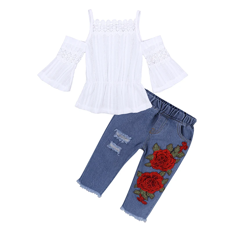 

Summer Children's Clothing set White hollow out T-Shirt off shoulder+rose embroider Ripped Jeans 2 pcs suits for 2-5Y kid girls