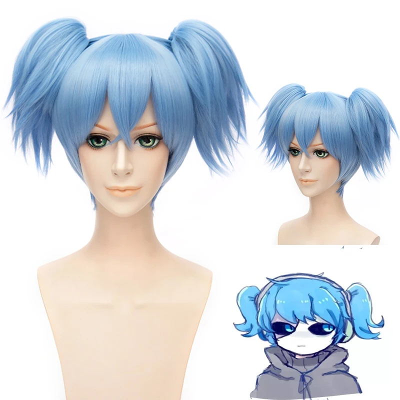 

Sally Face Sallyface Sally Short Blue With Clips Ponytail Mixed Heat Resistant Hair Cosplay Costume Hair Wig + Track + Wig Cap