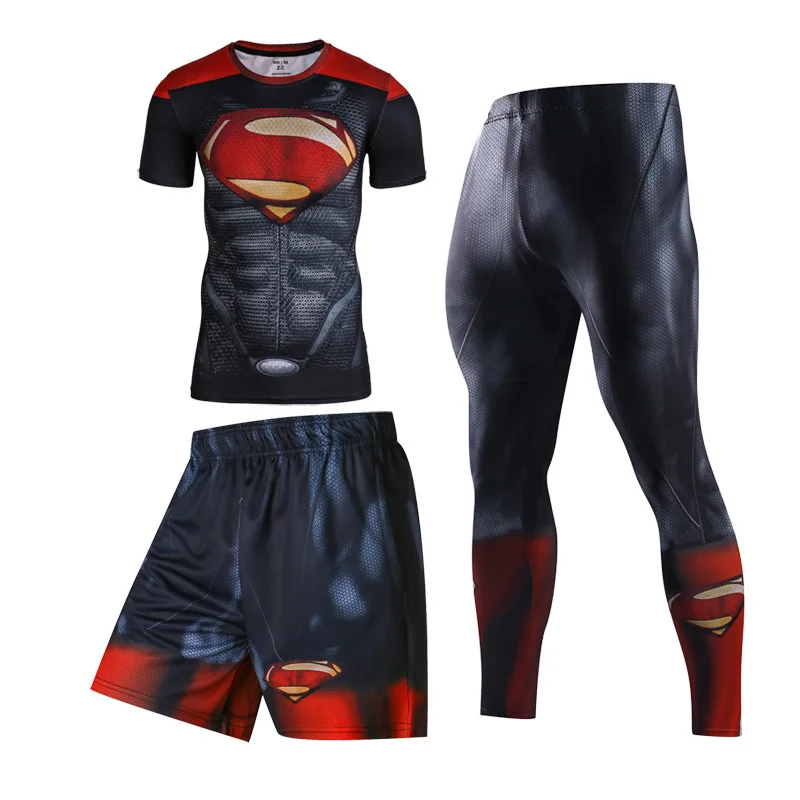 Мужская одежда для фитнеса, трико с коротким рукавом, спортивная одежда, баскетбольные тренировочные быстросохнущие комплекты из трех предметов для бега, одежда для спортзала, компрессионные комплекты - Цвет: 7