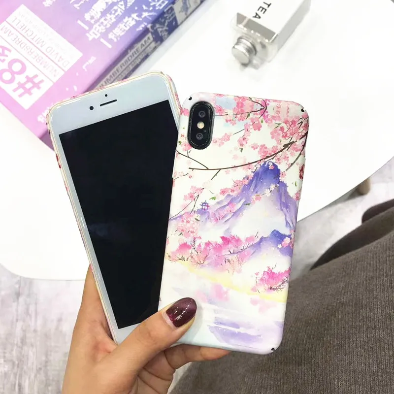 

Cherry Blossom Mount Fuji Pattern PC Hard Case For iPhone 7 8 Plus Shockproof Case For iPhone X XS Max XR 6s 6 Plus Phone Cover
