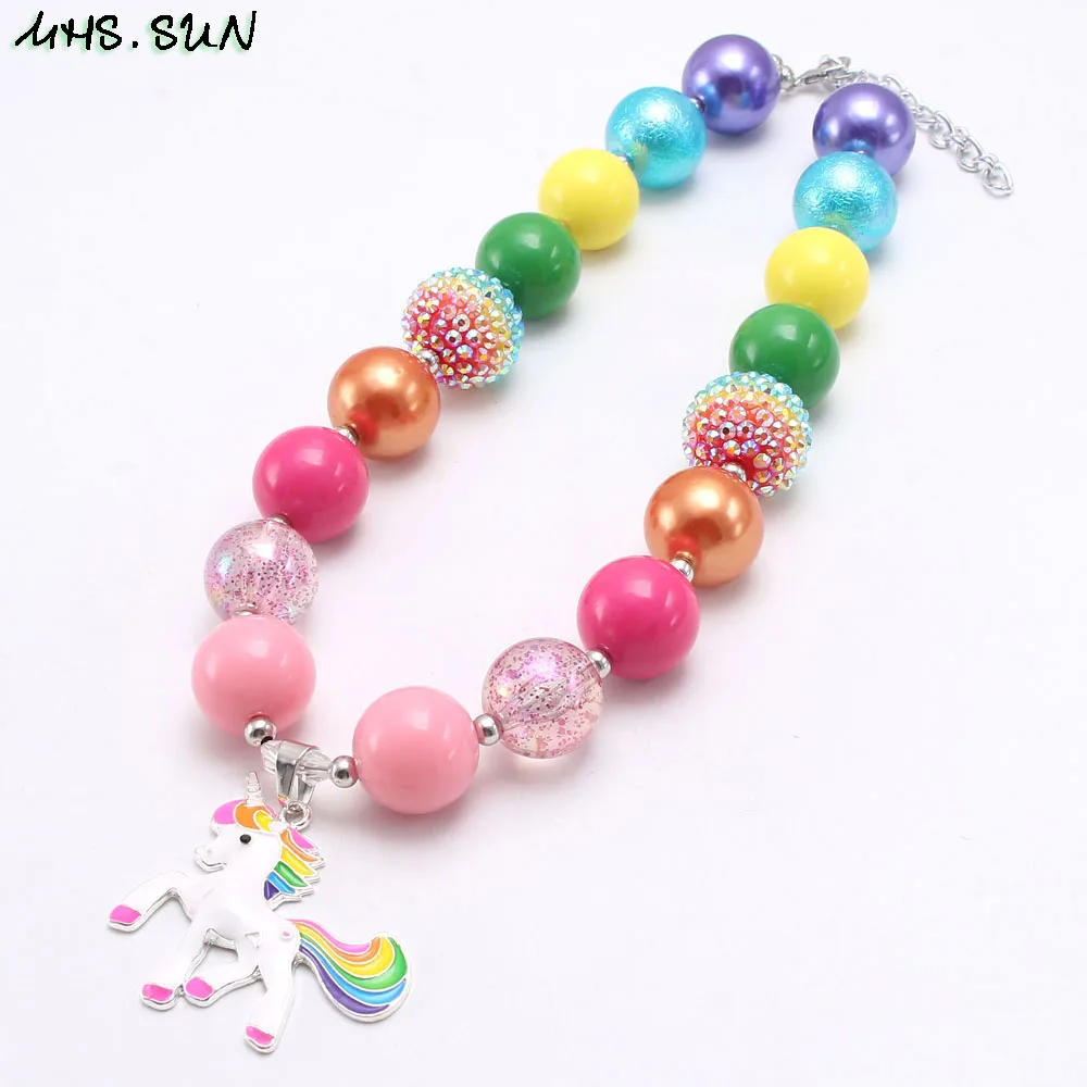 MHS. SUN, детское ожерелье с подвеской в виде единорога, разноцветное ожерелье для девочек с объемными бусинами, детские украшения в виде жевательной резинки, вечерние украшения, подарок ручной работы