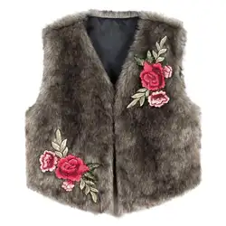 Зимний меховой жилет женский искусственный мех пальто 2017 модный искусственный мех жилет пальто женское без рукавов Цветочная вышивка