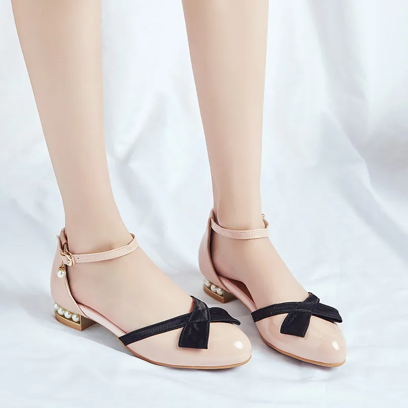 

YMECHIC White Pink Black Knot Womens Shoes Large Sizes String Bead Low Chunky Heels Bowtie Lolita Ankle Strap Pumps Party Shoes