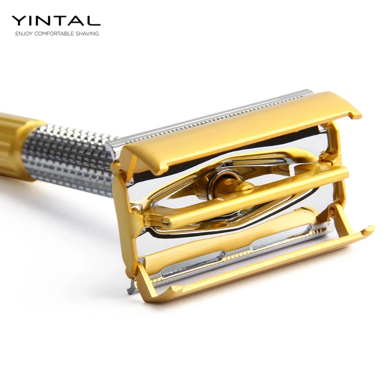 Мужской набор для бритья, безопасная бритва, двухсторонняя бритва, медная ручка, песочное золото, классический двойной край, бритва