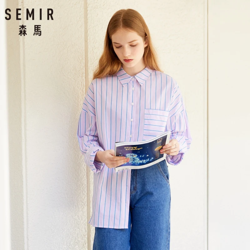 

SEMIR Women 100% Cotton Striped Long Shirt with Dropped Shoulder Women's Relax Fit Long Shirt with Chest Pocket Straight Waist