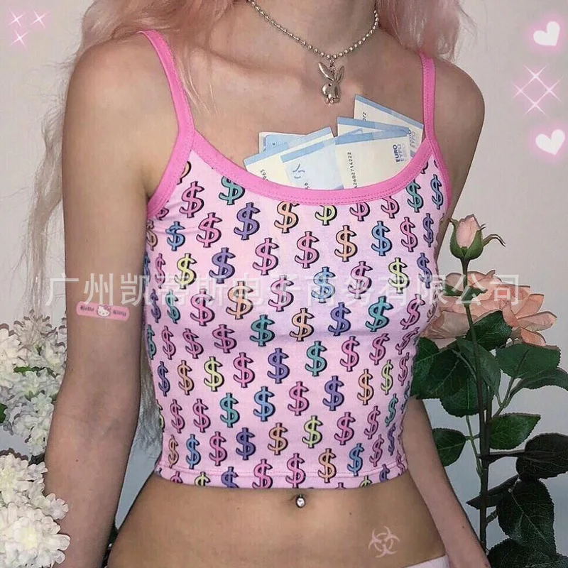 

Pink Print Camis Corp Top Dollar Shirt Women Sleeveless Summer Ropa Verano Mujer Cropped Camiseta Mujer Debardeur Femme Tank