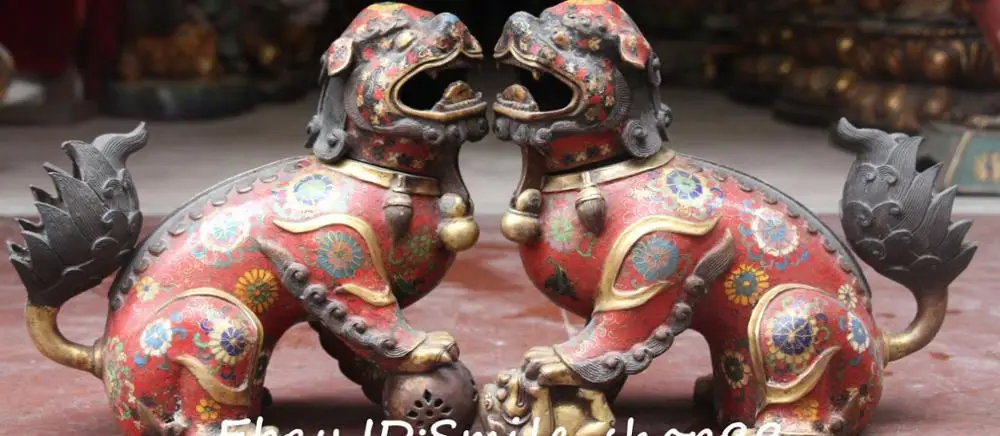 

12" Old Cloisonne Purple Bronze Lion Fu Foo Dog Beast Incense Burner Censer Pair