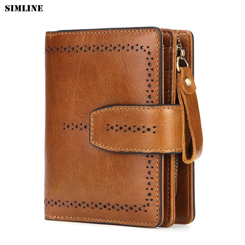 

SIMLINE Genuine Leather Rfid Wallet Women Vintage Women's Short Wallets Purse Card Holder With Zipper Coin Pocket Bag Female
