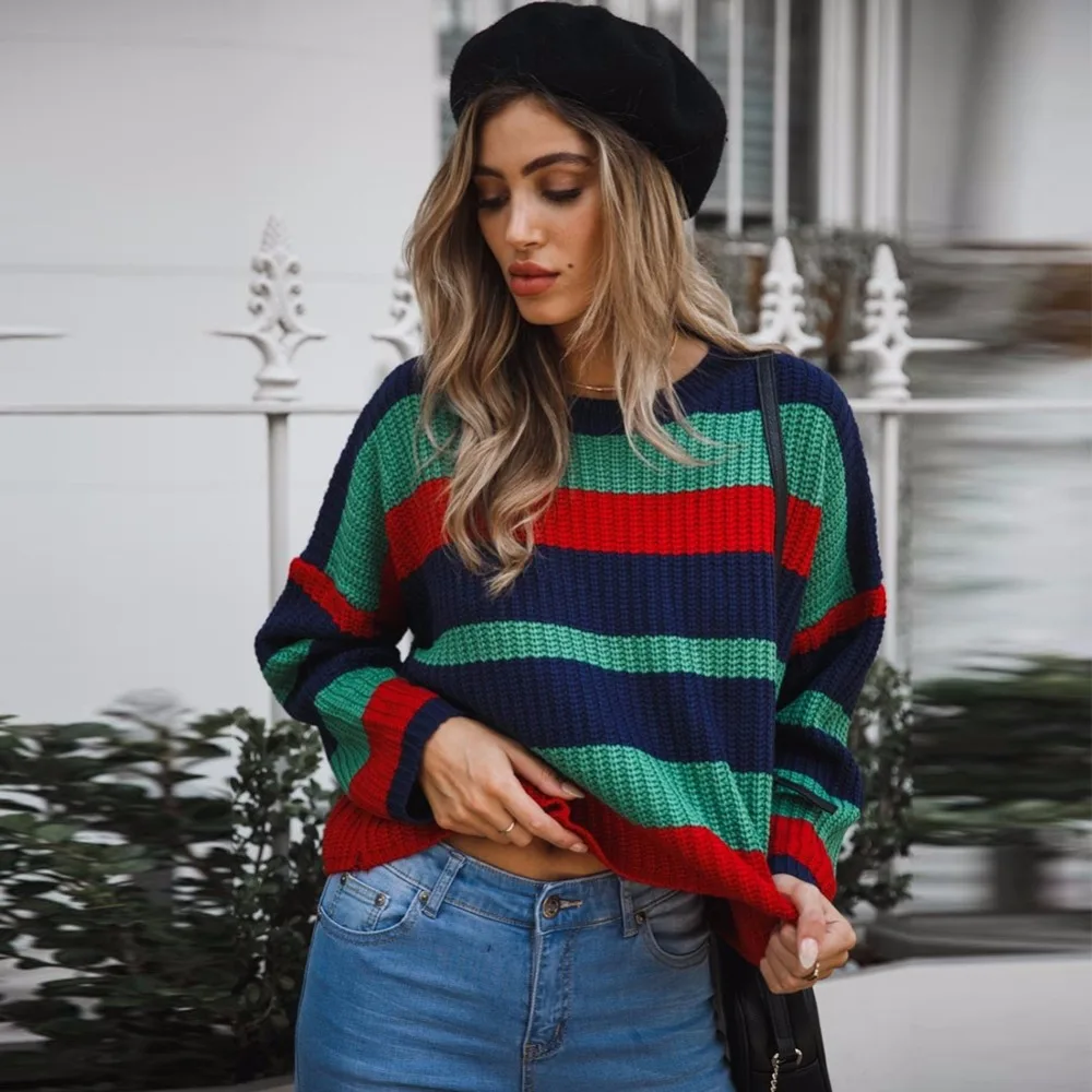 

Korean Striped Sweater Women Pullovers Jumper Loose Knitting 2019 New Autumn Winter Clothes Women Sueter Mujer Pull Femme C80101