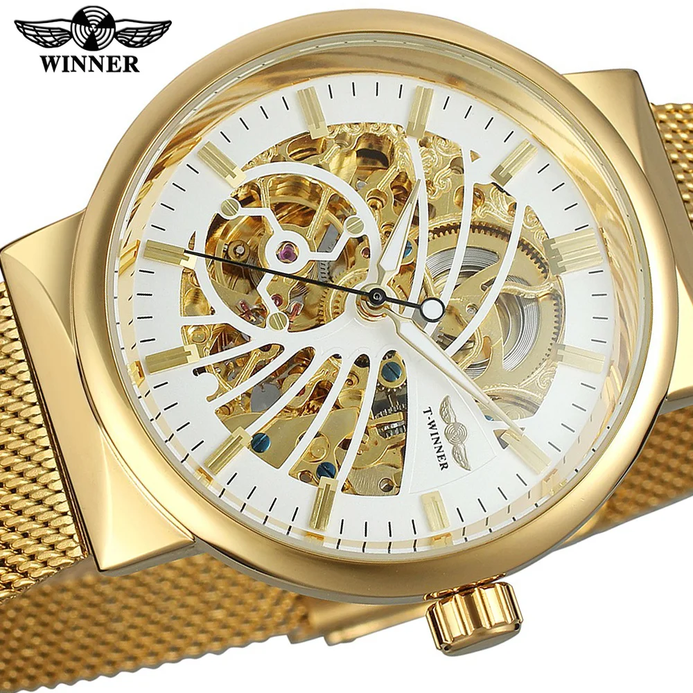 

Winner Golden Fashion Series Simple Skeleton Design Stainless Steel Open Work Mens Watches Top Brand Luxury Mechanical Watch