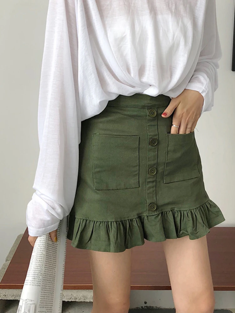 

Real shot 2019 new Korean version of the high waist was thin package hip skirt S fashion A word skirt wild lotus leaf skirt hal