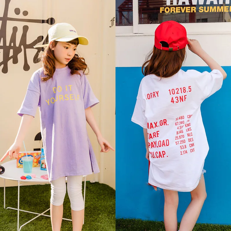 

Brand Baby Girls Shirts New 2019 Korean Kids Summer T-shirt Long Letters Half Sleeve Children T-shirt Dress Cotton Tops,#3802