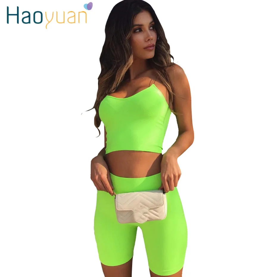 

HAOYUAN Neon Green 2 Pcs Matching Set Tracksuit Crop Top Biker Shorts Sexy Club Outfits Summer Clothes for Women Two Piece Set