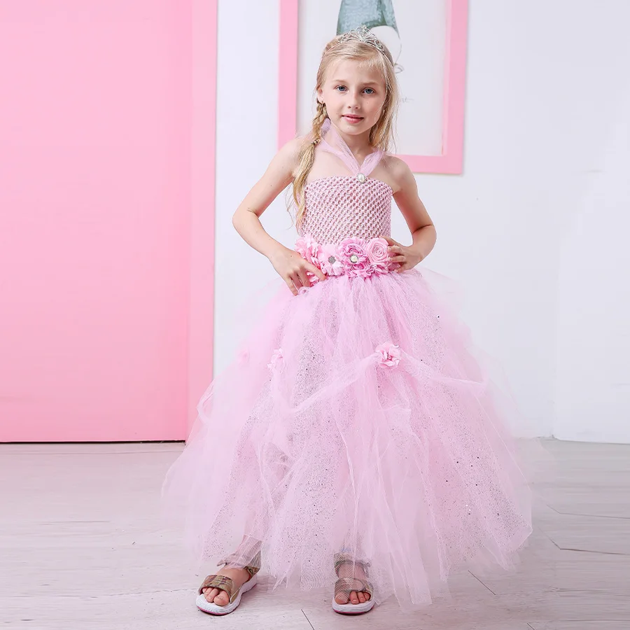 Stunning Shade of Pink Princess Girls Dress Kids Tutu Gown with Rhinestone for Weddings Photo Shoots Girl Tulle Flower Dress (3)