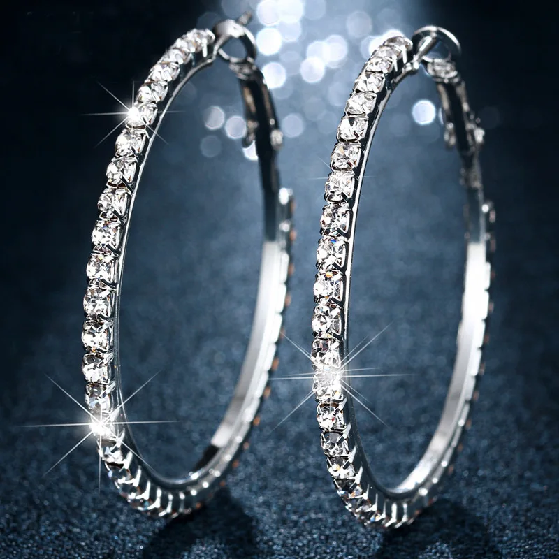 Silver 4cm Модные популярные большой круг обруч серьги для женщин девочек геометрический горный хрусталь кристалл круглые вечерние серьги Подарки - Окраска металла: Silver 4cm