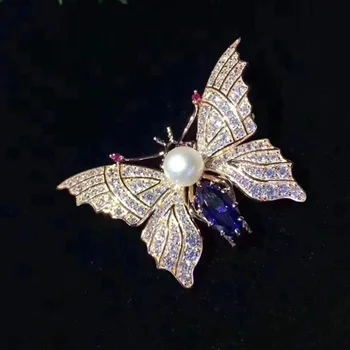 

S925 Sterling Silver Accessories Female Butterfly Brooch Pendant With Two Models Inlaid Single Pearl Elegant Temperament