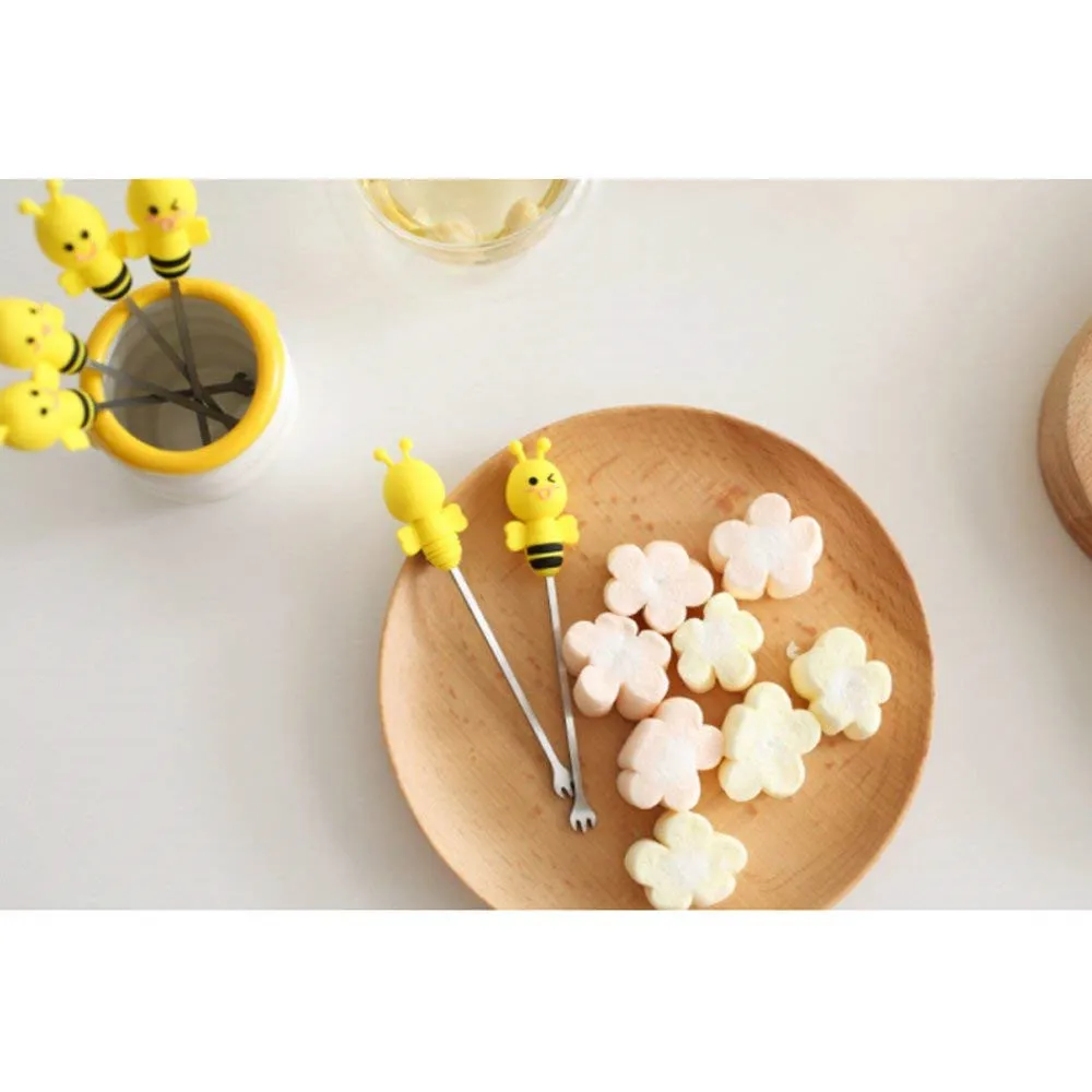 Cute Cartoon Salad Forks Mini Dessert Fruit Forks Holder Stainless Steel with A Holder Silicone Handle Cake Food Pick Fork Set 6 Pcs for Home and Restaurant (Bee)07