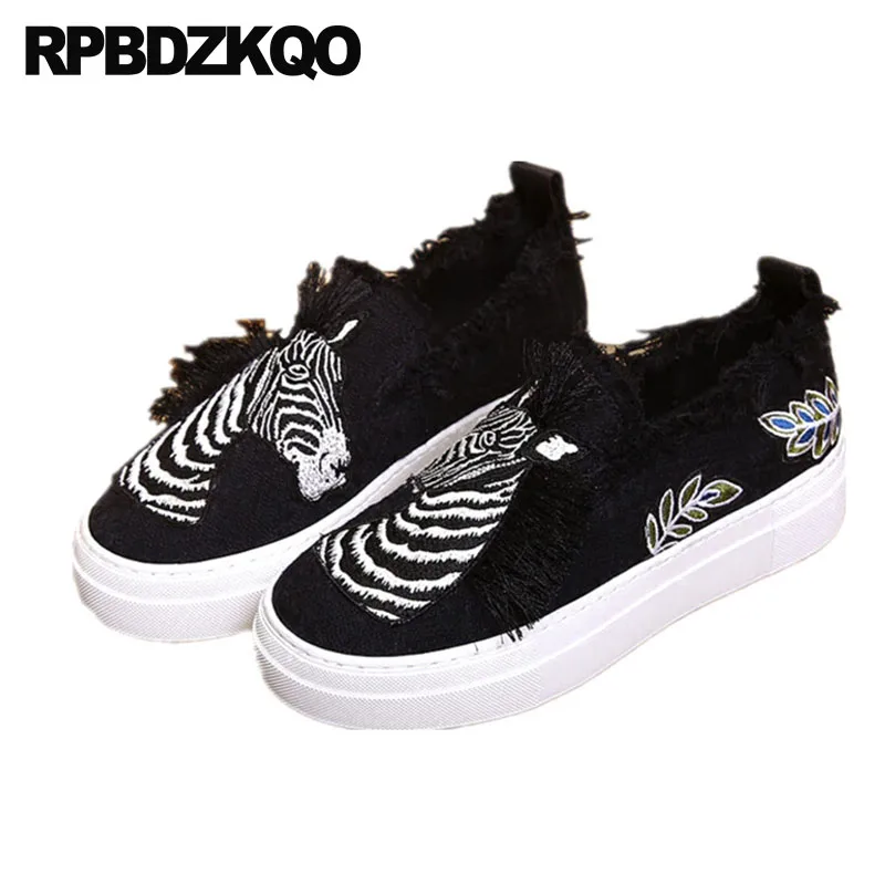 Black Women Tassel Fringe Embroidery Animal Print Elevator Flats Slip On Creepers White Canvas Shoes Platform Embroidered Zebra Black Women Tassel Fringe Embroidery Animal Print Elevator Flats Slip On Creepers White Canvas Shoes Platform Embroidered Zebra