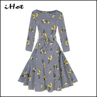 IHOT-50s-60s-Vintage-clothing-2017-New-Arrivals-Women-Long-Sleeve-Bowknot-Lemon-Floral-Striped-Printed