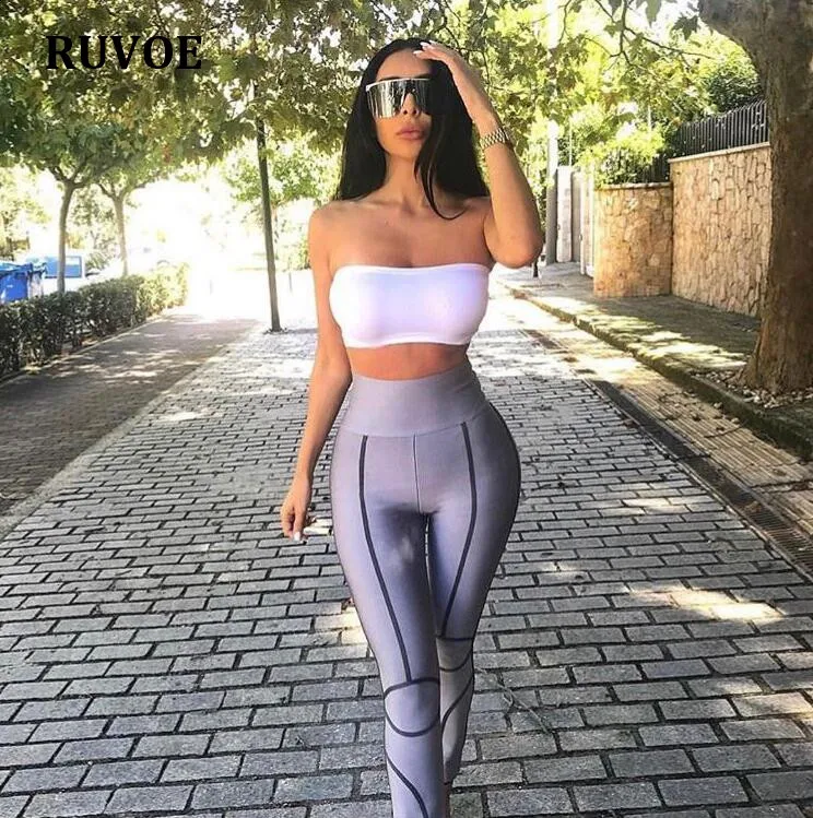

Bandage Sports Two Pieces Gymwear Designer New Fashion Strapless Elastic Waist Crop Top Legging Pants Set Bodycon Bandage Set