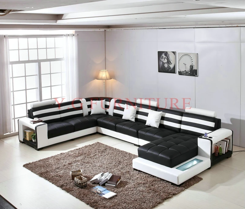 2018 Real Genuine Leather Modern Sectional Sofa with coffee table U Shaped Living Room Furniture Sofa