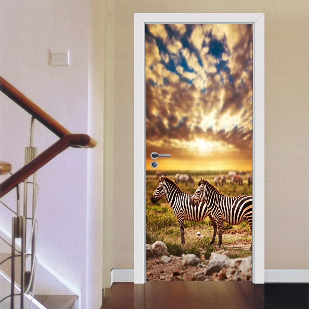 Африка пастбища Зебра DIY Гостиная двери, декоративные Плакаты 3D Водонепроницаемый Книги по искусству обои для Спальня двери наклейки