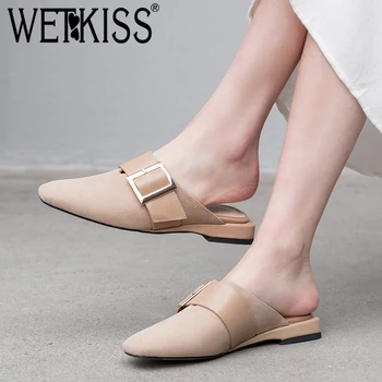 

WETKISS Kid Suede Slippers Women 2019 New Slides Shoes Buckle Mules Shoes Ladies Low Heels Fashion Casual Shoes Female Summer