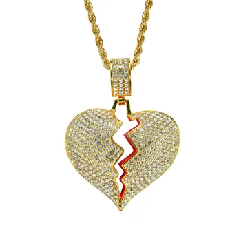 

New Fashion Punk Hiphop Crystal Heartbreak Pendant Necklaces Gold Color Bling Necklace For Men Women Jewelry Gifts