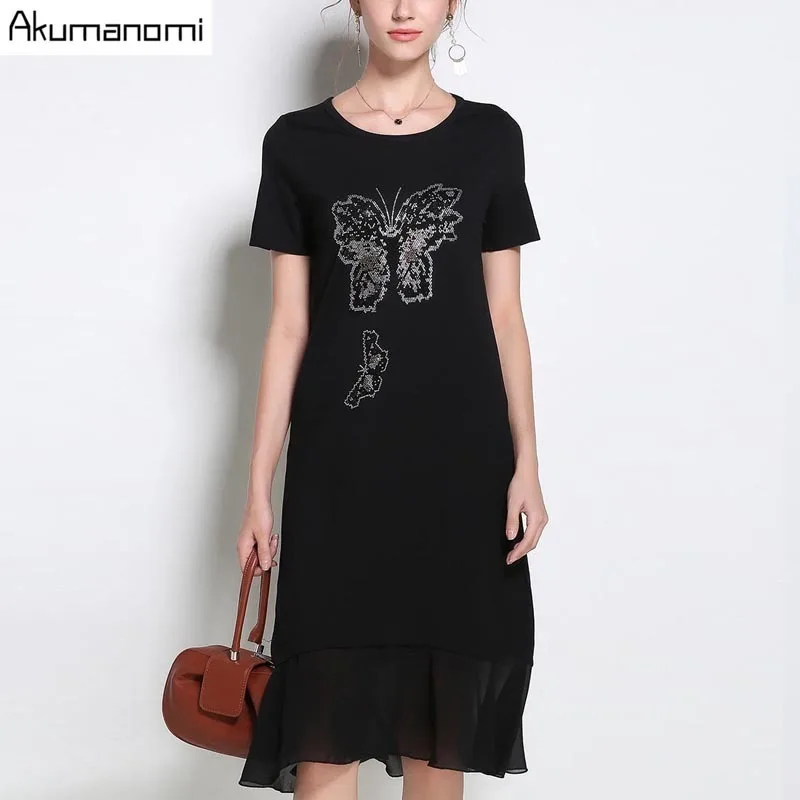 

Summer Dress Women Clothing O-neck Short Sleeve Diamonds Butterfly A-line Dress Plus Size 5XL 4XL 3XL 2XL XL L M