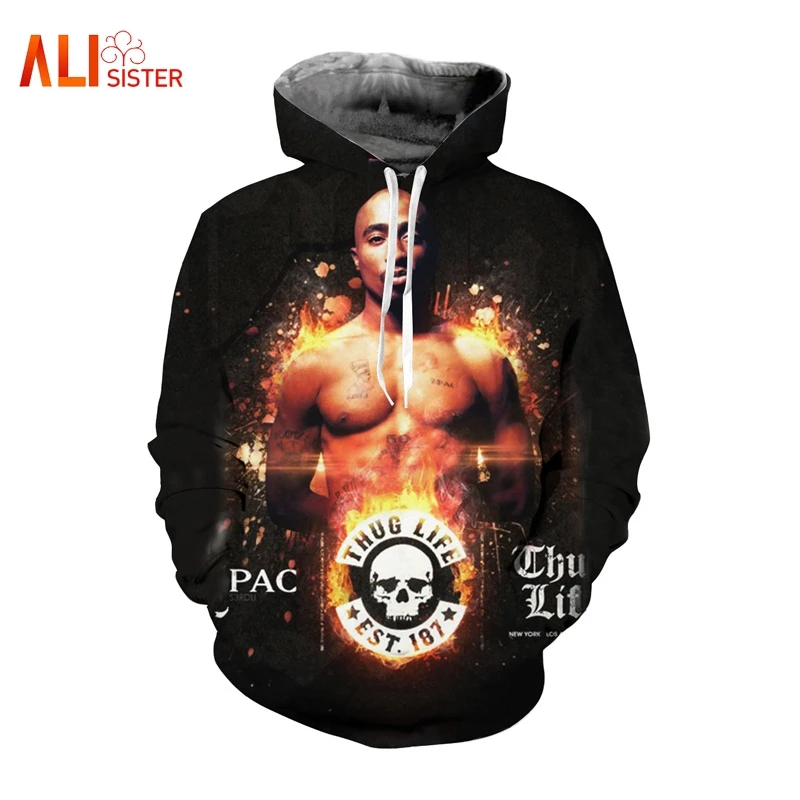 Мужские толстовки с капюшоном и объемным принтом Tupac 2Pac Осенние Пуловеры
