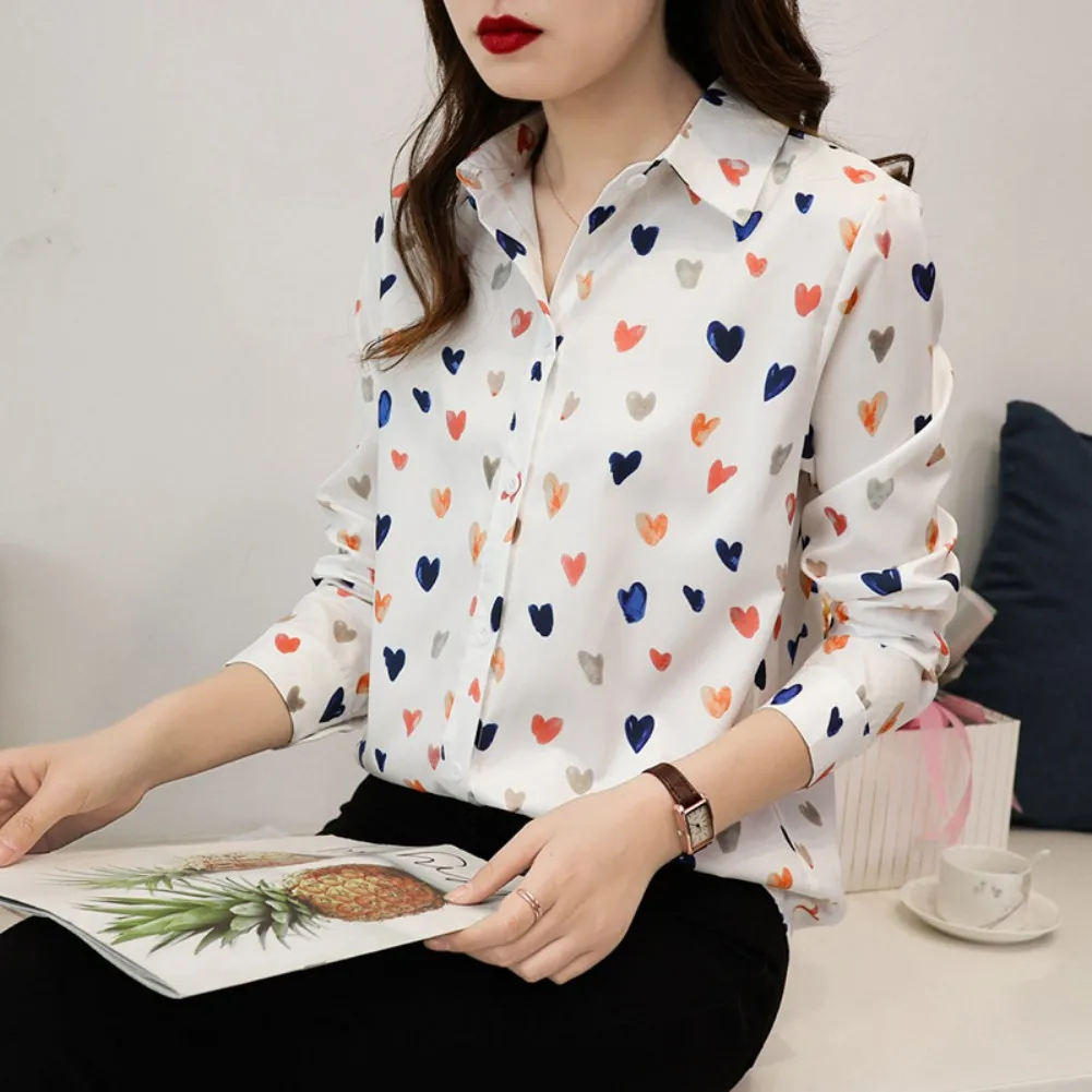 

Fashion sweet heart print shirts women's new spring Summer 2019 long-sleeved loose blouse Korean love printed chiffon shirts