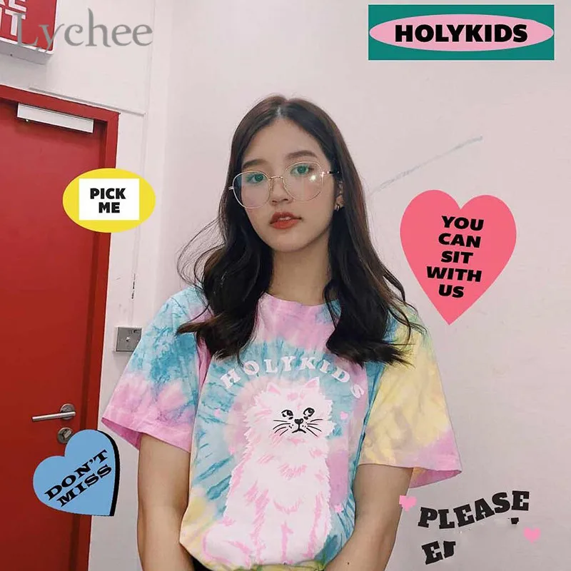 Lychee Harajuku Tie dying Cat хит цвет радуги женские футболки с круглым вырезом короткий рукав цвет блок свободные женские футболки