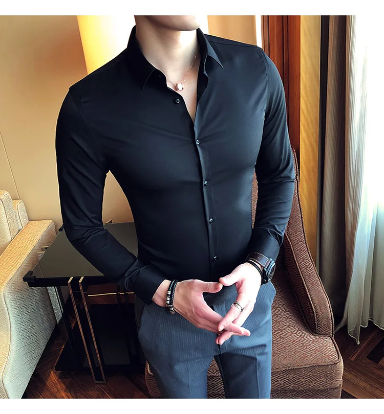 Повседневная рубашка Slim Fit Мужские рубашки бизнес Camisa Masculina с длинным рукавом сплошной цвет черный белый Высокое качество