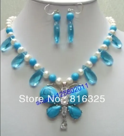 

Fast shipping +Beautiful white pearl crystal Turquoise Necklace and Earring Set hot