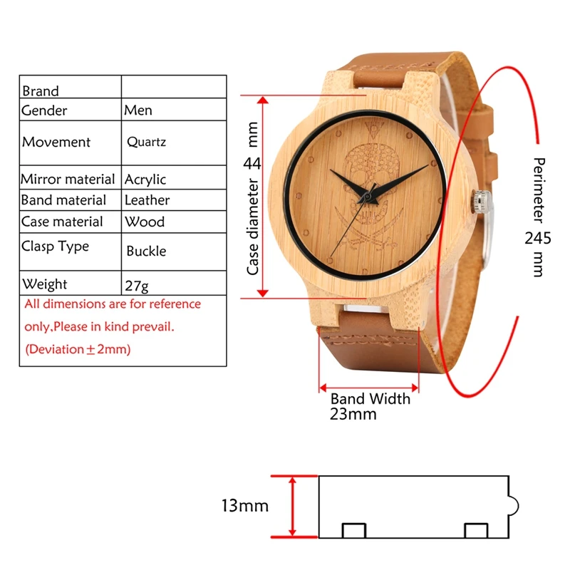 Natural Wood Watches Mens Skull Pirate Steampunk Wrist Watch Men's Watch Pure Bamboo Handmade Quartz Brown Genuine Leather Clock 2019 2020 (1)