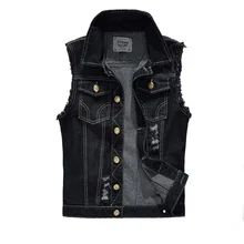 Vintage Design männer Denim Weste Männlichen Schwarzen Farbe Slim Fit ärmellose Jacken Männer Loch Jeans Marke Weste Plus Größe 6XL LA034